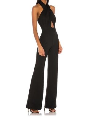 Amanda Uprichard x Revolve Zahara Black Halter Cutout Wide-Leg Jumpsuit
